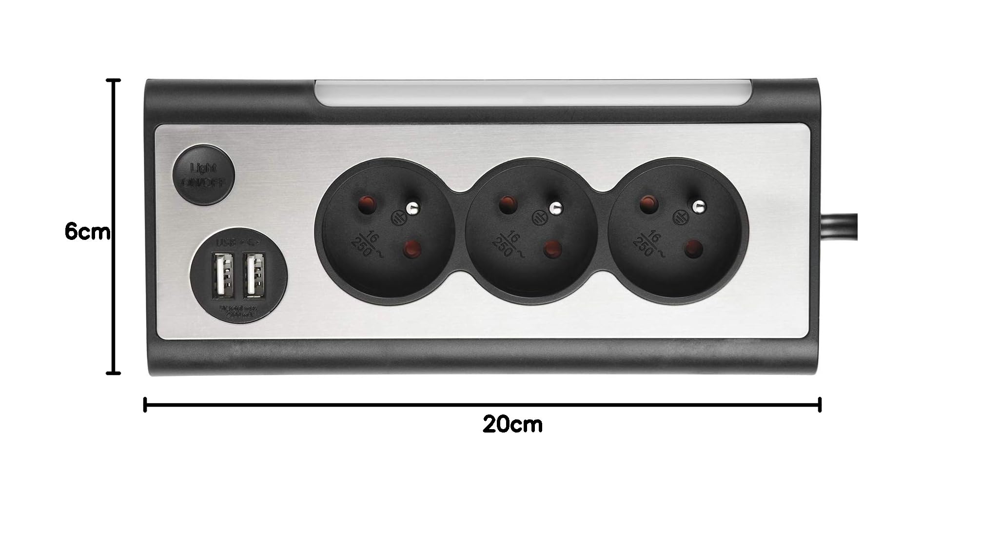 Electraline 35430, Blocco multipresa angolare, 3 prese, 2 porte USB interruttore ON/OFF per spegnere/accendere il LED, cavo 1,5 m, grigio/nero
