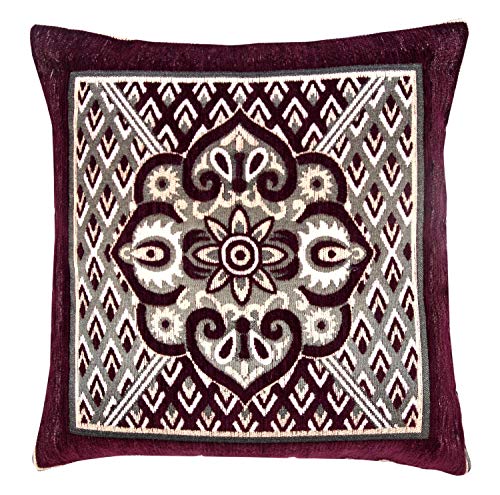 Image of Nendle Jacquard Weaved Decorative Velvet Cushion Cover /Sofa Pillow Cover Set of 5 Pieces (Wine, 16x16 Inches)-500 TC