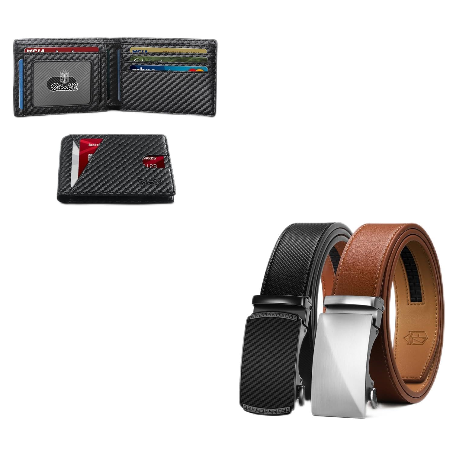 Zitahli Slim Wallet for Men + 2packs Ratchet Belts for Men Size 34"-48"