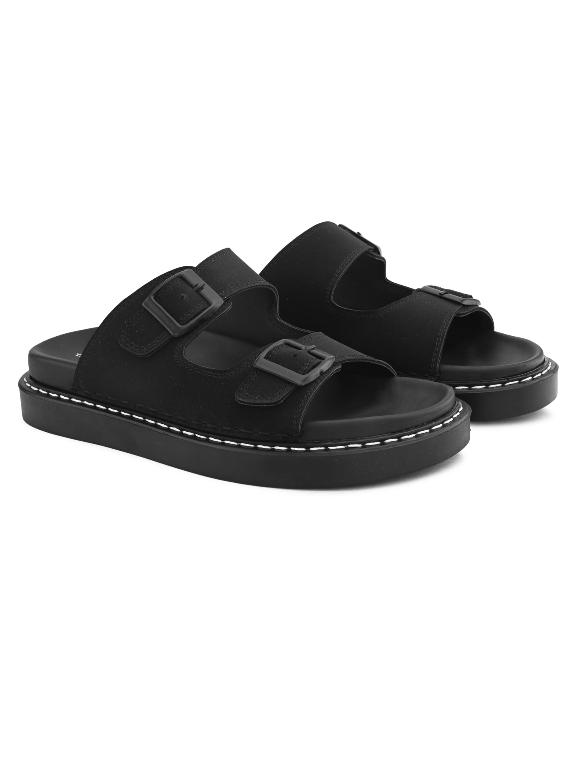 Men's Sandals with Buckle | Solid Double Strap Sandals for Men Perfect Fit for Summer and Rainy Season Anti-Slippery with PU Footbed Easy to Walk Slipper, Comfortable Slipper - (BLACK)10-image-15