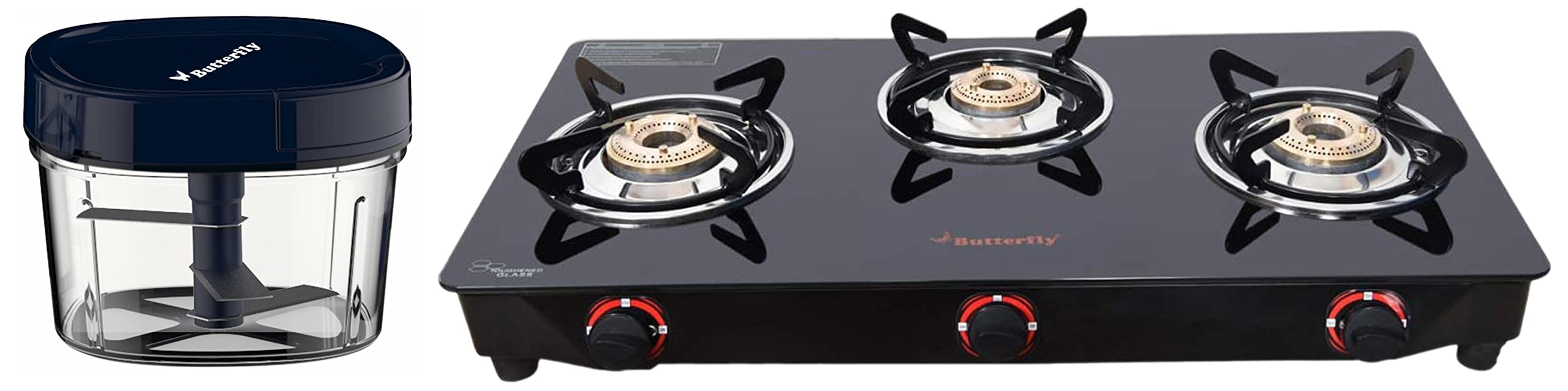 butterfly smart glass stainless steel open 3 burner gas stove & premium vegetable chopper (600 ml)