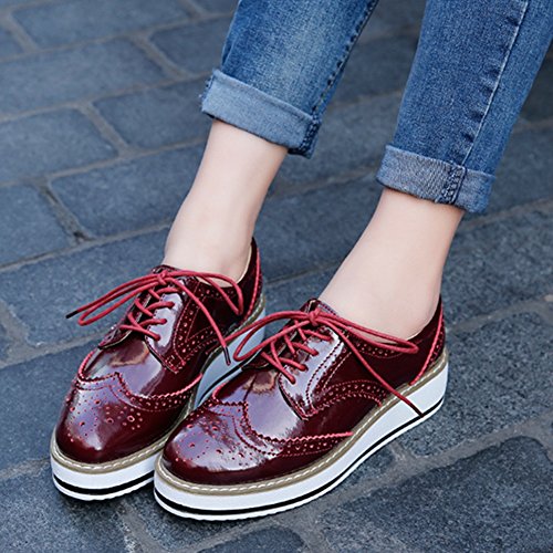YING LAN Women's Platform Lace-Up Wingtips Square Toe Oxfords Shoe Red