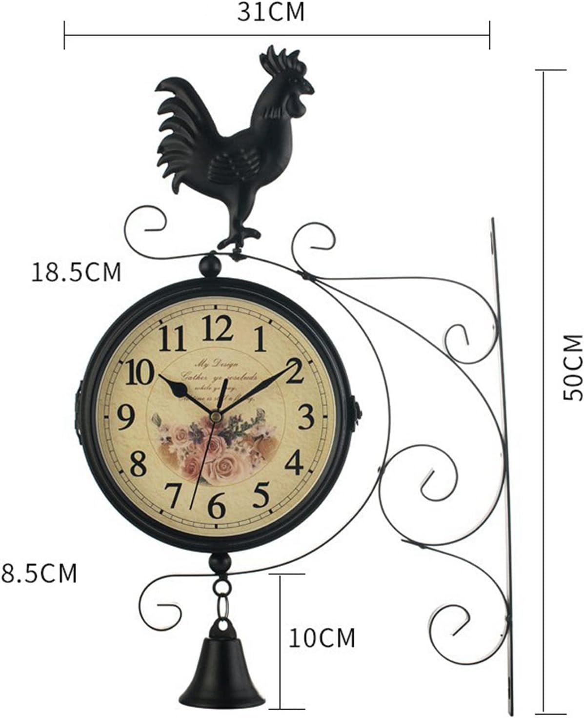Unknown Vintage Double Sided Iron Metal Silent Wall Clock, Black, 31x50x8.5cm