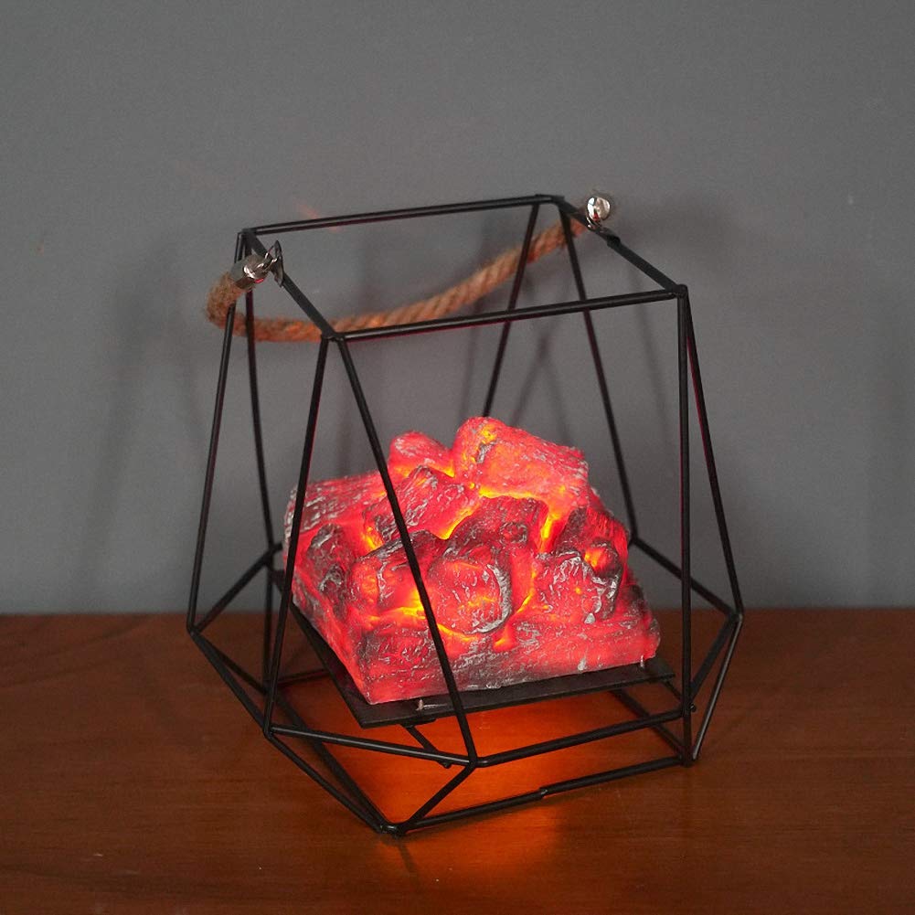 Ulalaza Small Cozy Fireplace Lantern Traditional Realistic Log Wood Burning Flame Effect Ligh LED Charcoal Style Table LampFor Indoor & Outdoor Use — image 1