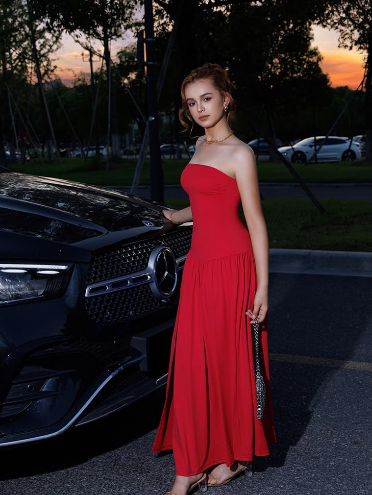 LAGSHIAN Women's Summer Strapless Flowy Maxi Dress Tube Bodycon Split A Line Long Party Dresses - Image 3