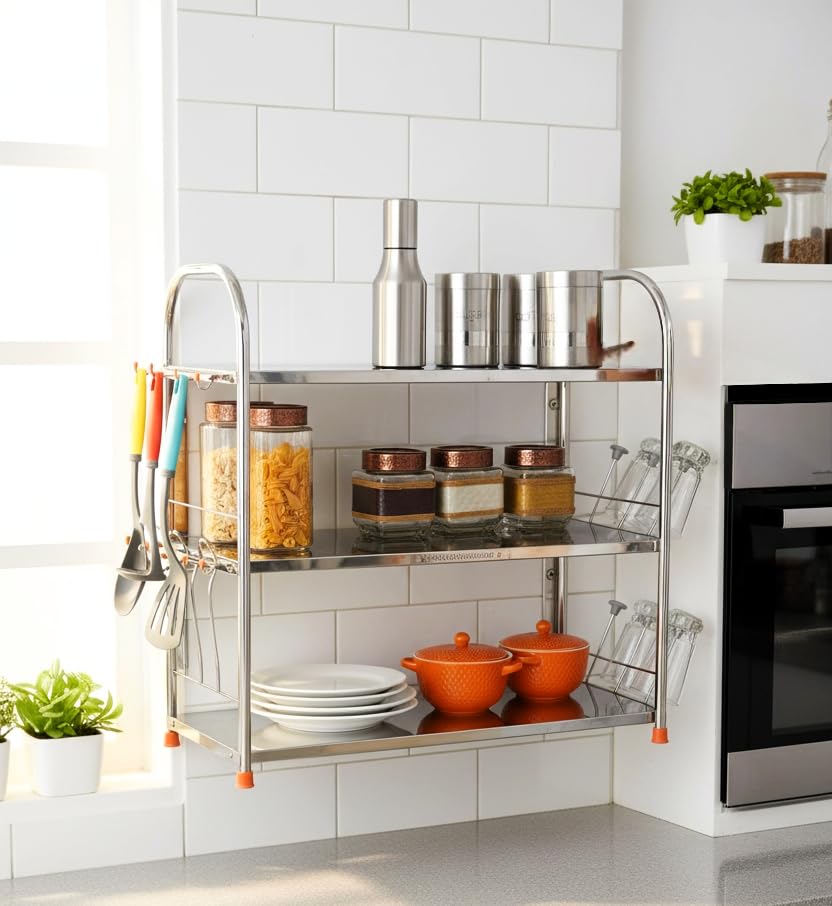 Image of AMOL Premium Stainless Steel 3 Layer Kitchen Shelf Rack | Rust-Proof Wall Mount Utensil Organizer with Glass & Spoon Holder