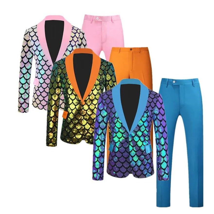 Men Sequin Suit 2 Piece Set Wedding Dance Party Stage Dress Suit Slim Blazers Jacket and Pants B M2