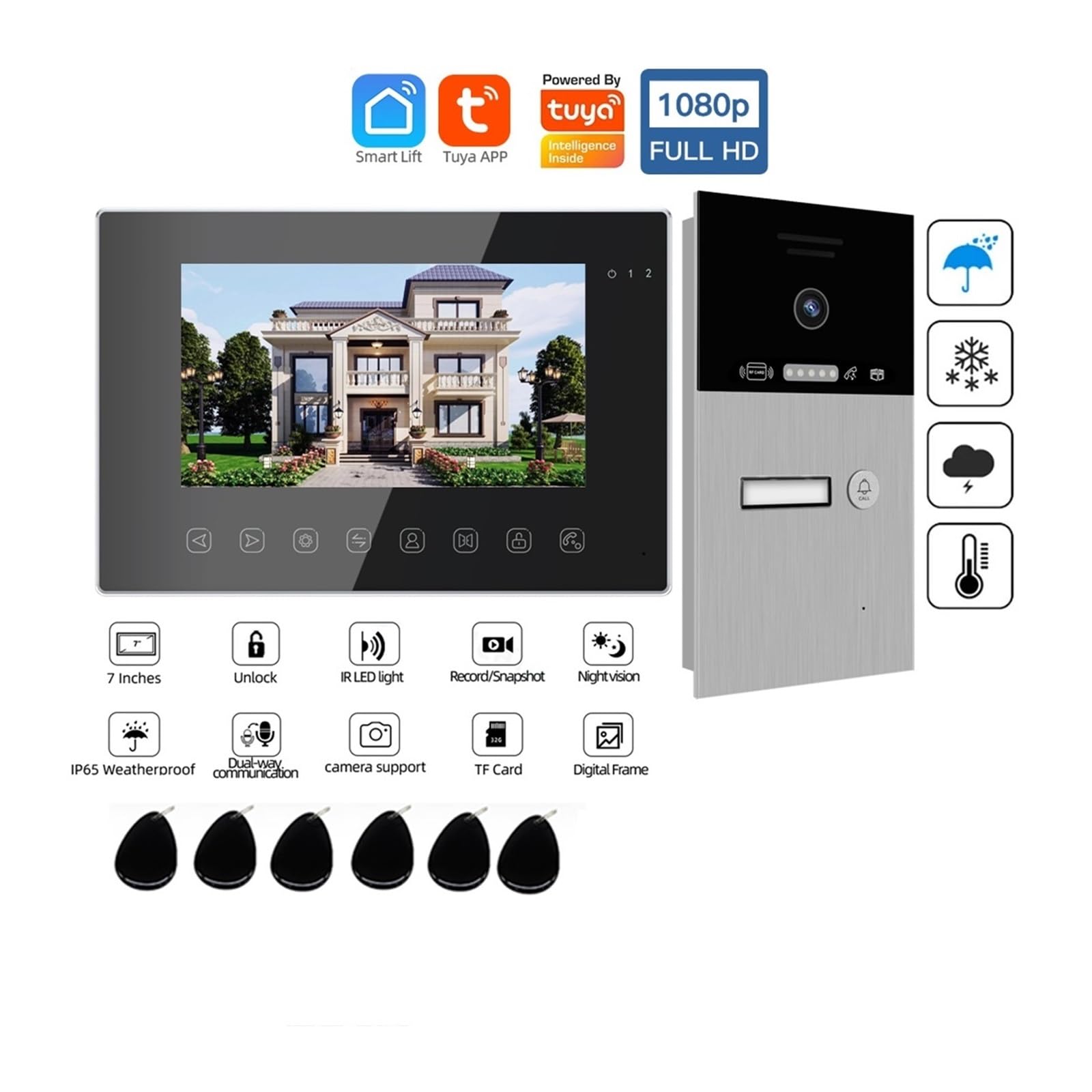 Timbre con Video, Videoportero inalámbrico Tuya Smart App de 7 Pulgadas, 1080P, con WiFi, for 1-4 hogares, Tarjeta RFIC, Timbre, Portero automático, intercomunicador for Villas(M86714W1-EMB)