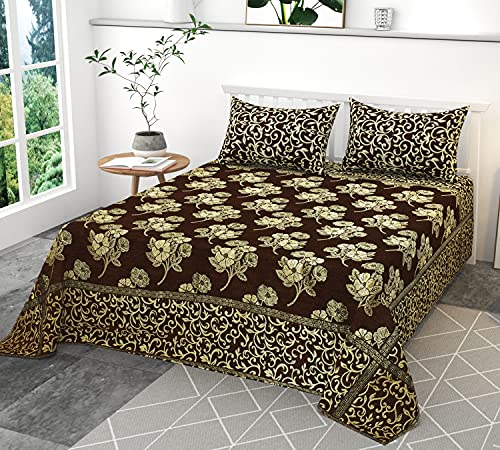 Image of Velvet Queen Size Bedsheet Set, 3 Piece Jaquard Weaved Long Life bedsheet with 2 Pillow Covers, Coffee Colour (Teal)