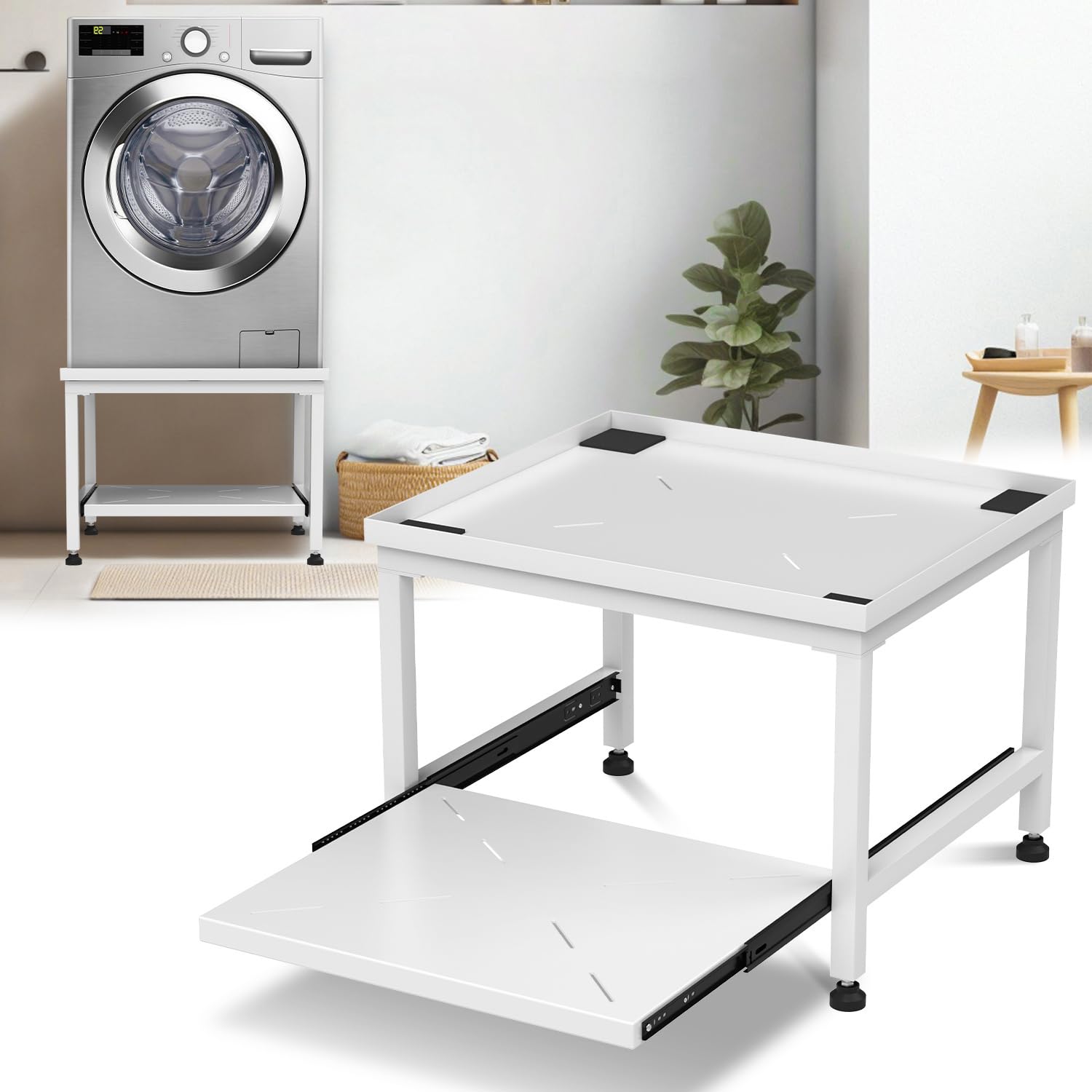 Base per lavatrice, 45,5 cm, con cassetto, piedini regolabili, cuscinetti antivibrazione, piedistallo per lavatrice, asciugatrice, frigorifero, portata 200 kg, colore: bianco