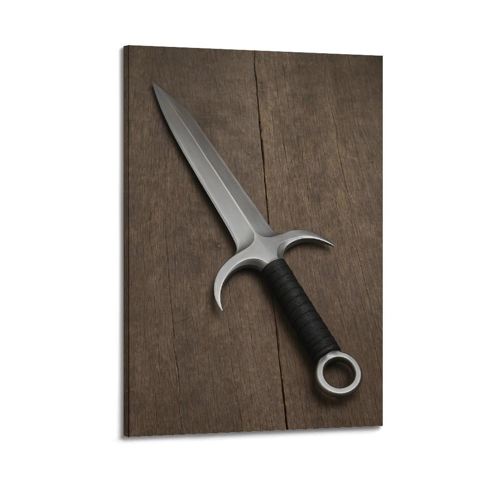 Wall Art for Modern Family Office Decor Canvas Posters - Cold Steel Medieval Dagger on Wooden Surface 08x12inch(20x30cm) Frame-style