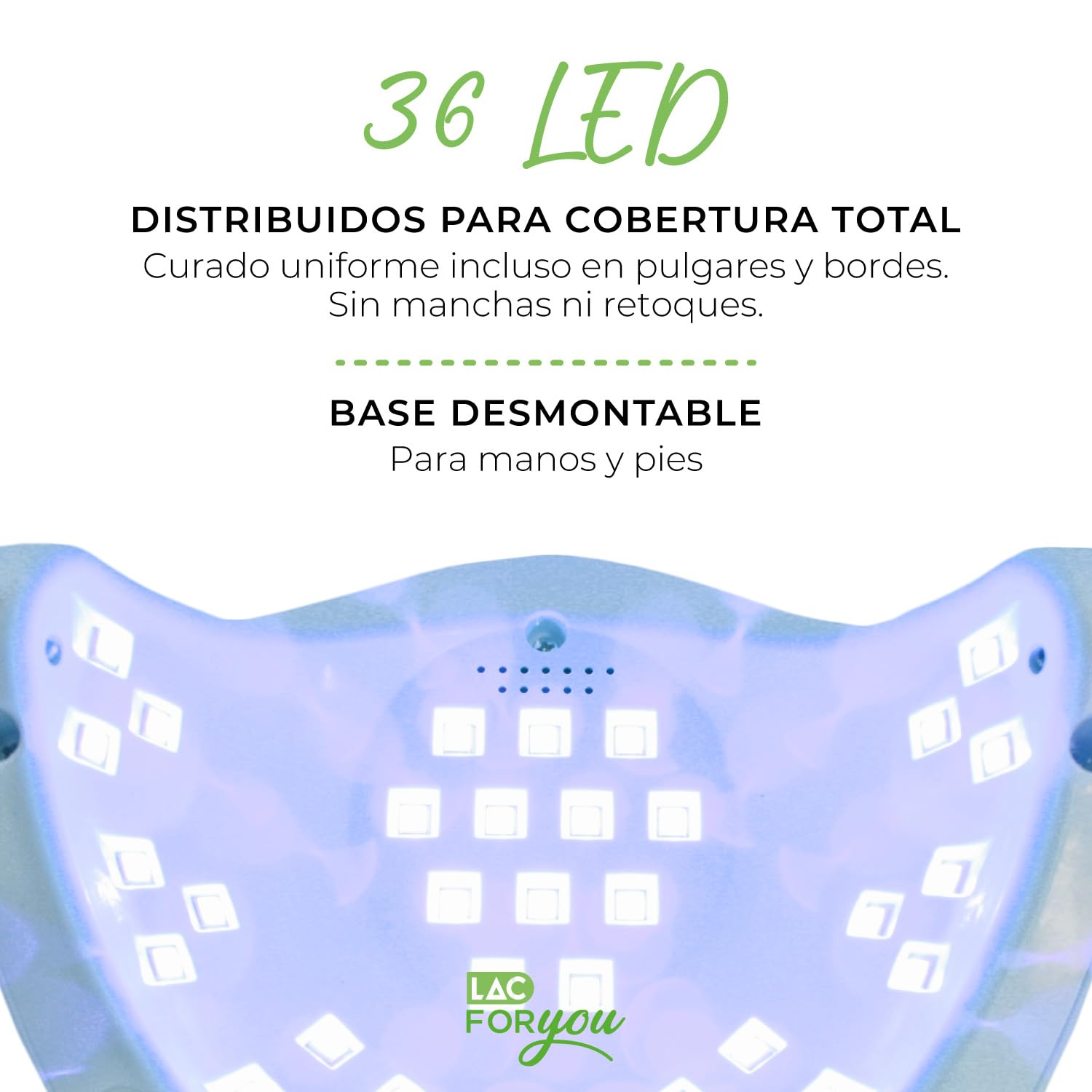 LAC FOR YOU Lampara Uñas Semipermanentes 36 LED UV LED 365/405 nm – Lampara UV Led Uñas Compacta con 4 Temporizadores Low Heat, Base Extraíble, Pantalla LCD - Nail Lamp Secador Gel
