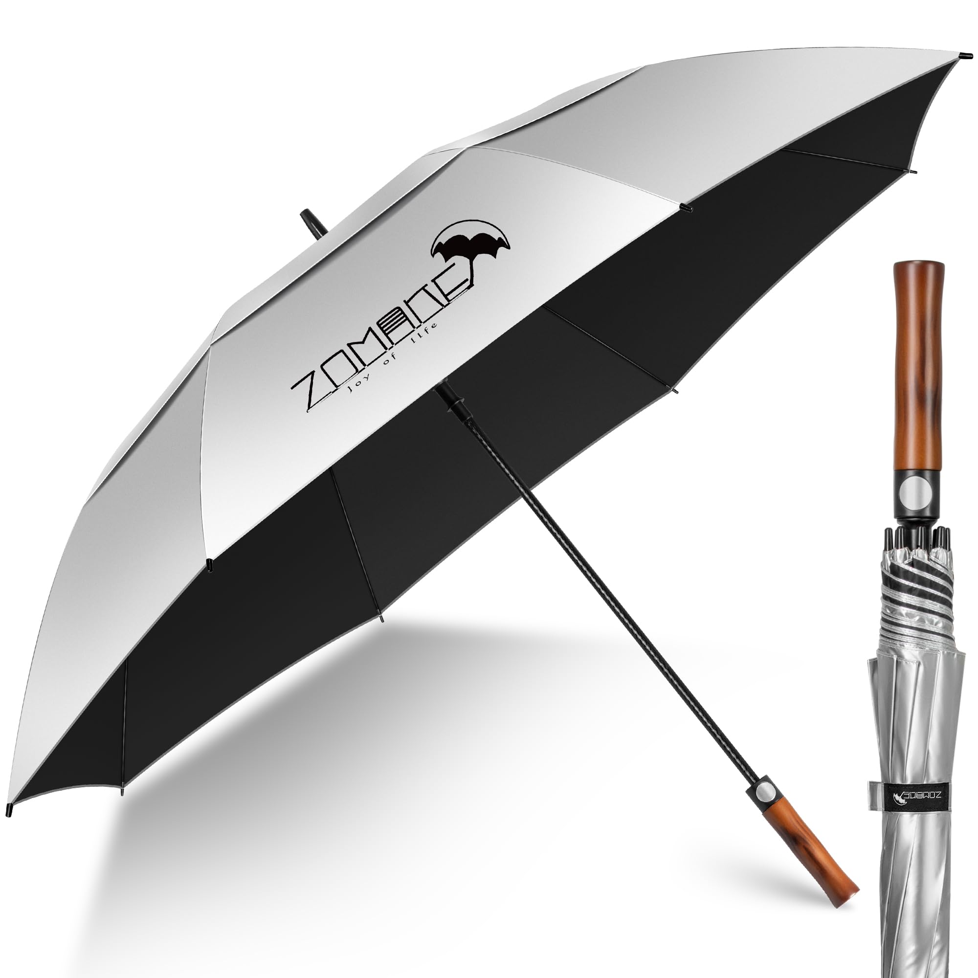 ZOMAKE UV Golf Umbrella for Sun Protection,Large Sun Umbrella Windproof and Rainproof Strong UPF 50+,Reflective Golfing Brolly with Wooden Handle 62In Unbreakable for Men Women (Silver/Black)