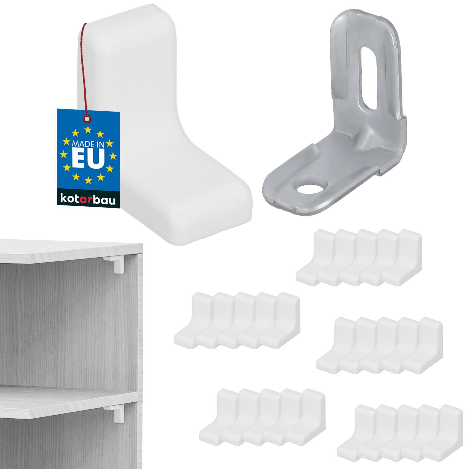 KOTARBAU® 25 x Soportes para baldas blanco, Soporte de estantes, Soporte baldas de armario, Clavijas, Soportes de esquina, Escuadras metálicas con tapas embellecedoras, Conector angular de muebles, 25