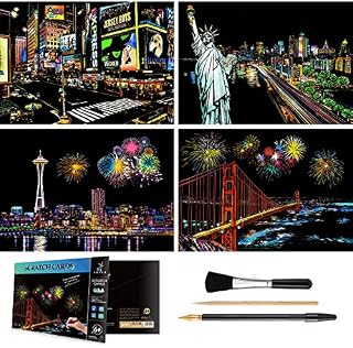 Rainbow Scratch Art Painting Paper (A4) for Kids & Adult, Night View Scratchboard Set: 4 Sheet Scratch Cards, Drawing Pen, Clean Brush (Times Square / Golden Gate Bridge / Seattle / Statue of Liberty)