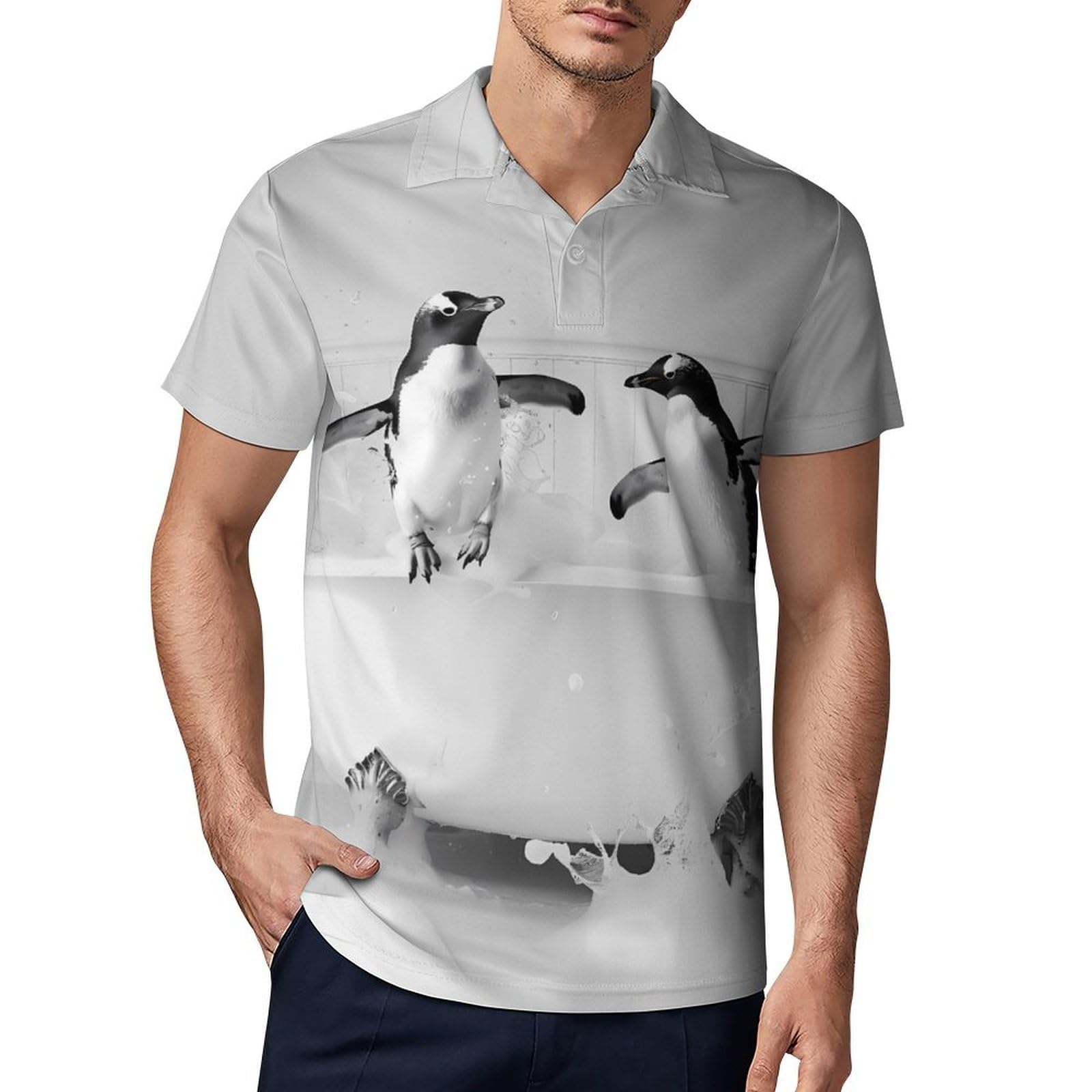 Two Penguins in Bathtub Novelty Men's Short Sleeve Shirts Funny Golf Tennis Work T-Shirt Sport Tee L