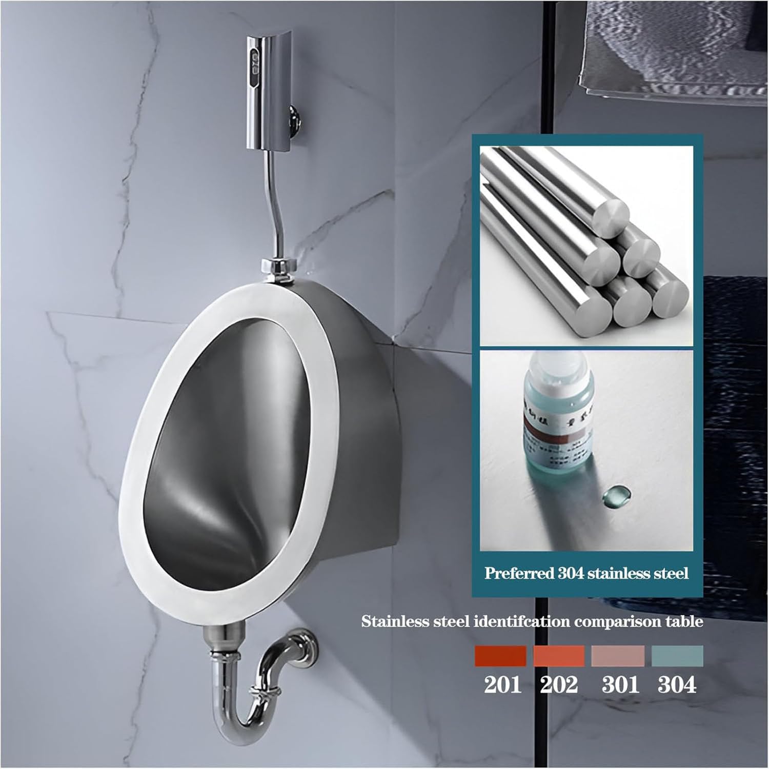 Urinario con Sensor automático, de Pared, para baño Masculino, Sistema de Descarga Comercial de Acero Inoxidable.