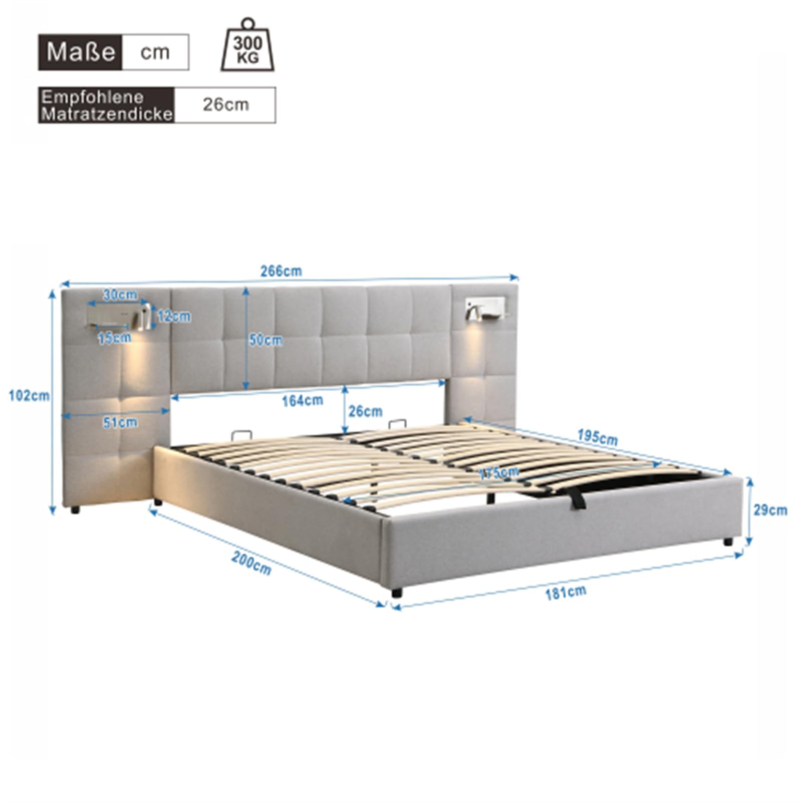 Letto imbottito 180x200 cm con porta USB e ricarica wireless e lampada illuminata letto matrimoniale king size per adulti letto idraulico letto familiare PU letto per gli ospiti grigio