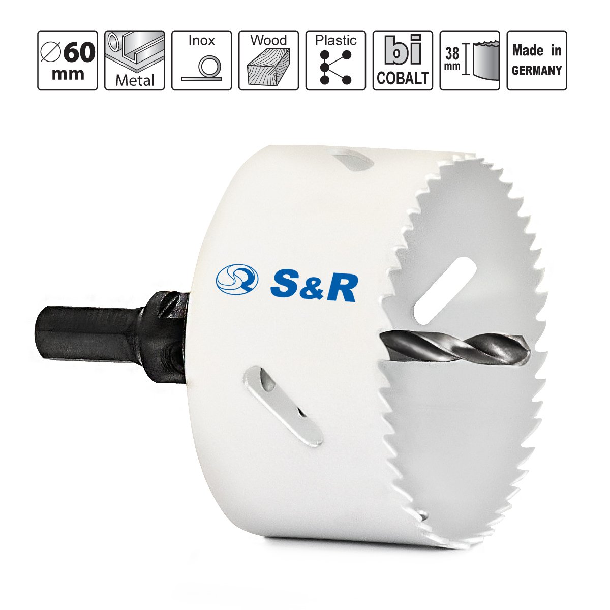 S&R Otwornica, bimetal HSS z uchwytem otwornicy HEX - QUICK i wiertłem centrującym, uniwersalna do drewna, metalu, plastiku, płyt gipsowo-kartonowych (60 mm)
