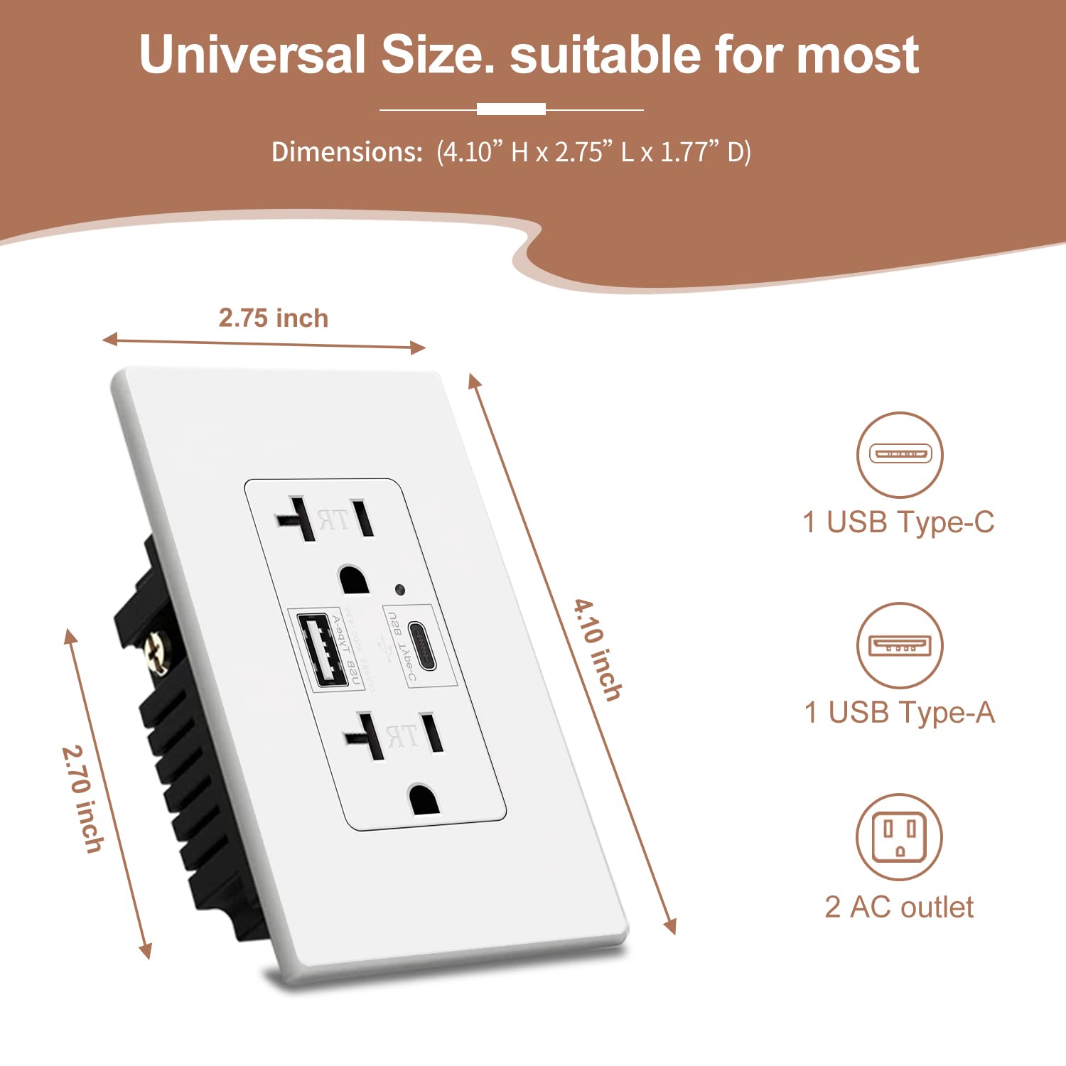 EZsport USB C Wall Outlet, 4.8A USB Type C + A, High Speed