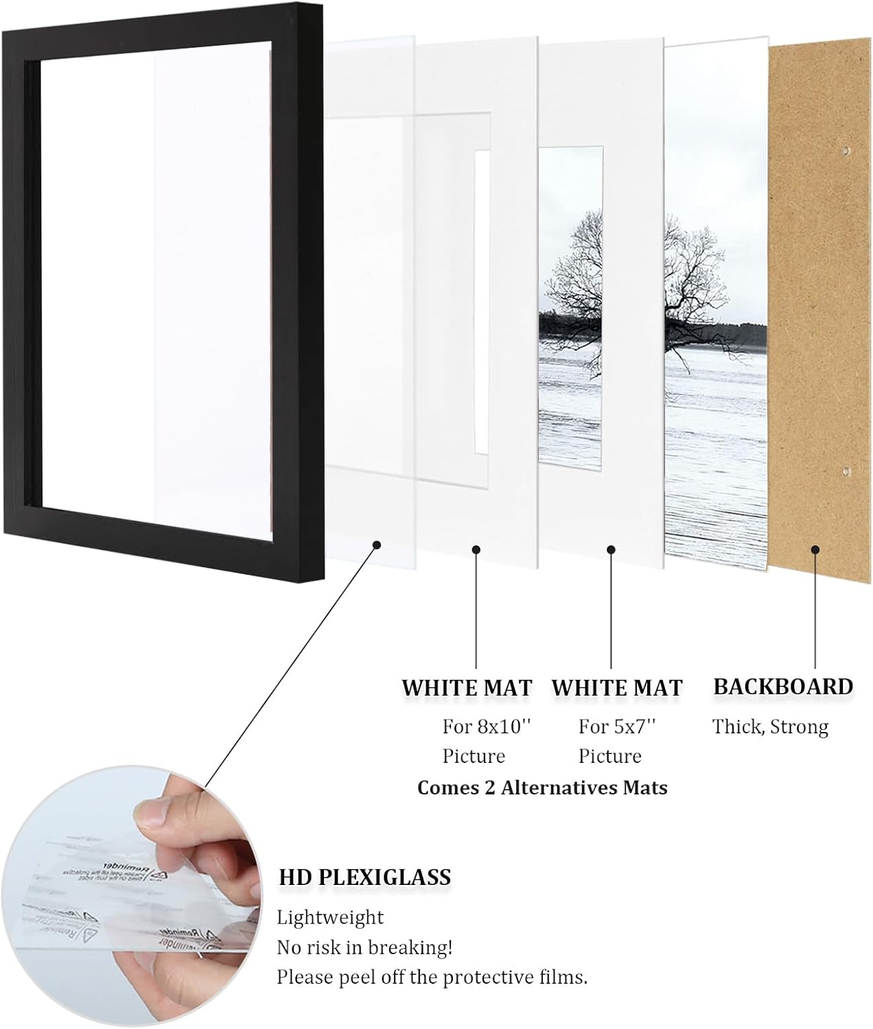 Egofine 11x14 Picture Frame Black - Photo Frame Made of Solid Wood Covered by Plexiglass for Table Top Display Pictures 5x7/8x10 with Mat or 11x14 Without Mat with Wall Mounting Hardware - Image 4