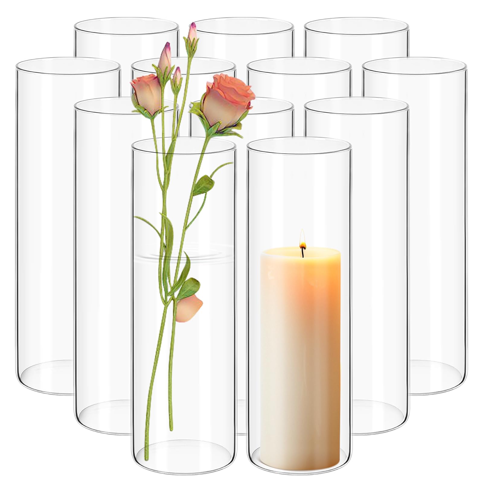 Photo 1 of 12Pack Glass Cylinder Vases for Centerpieces - 10 Inch Tall Flower Vase for Wedding Decorations, Floating Candle Holder Vase Bulk,Glass Hurricane Candle Holders for Table Shelf, Party, Home Decor