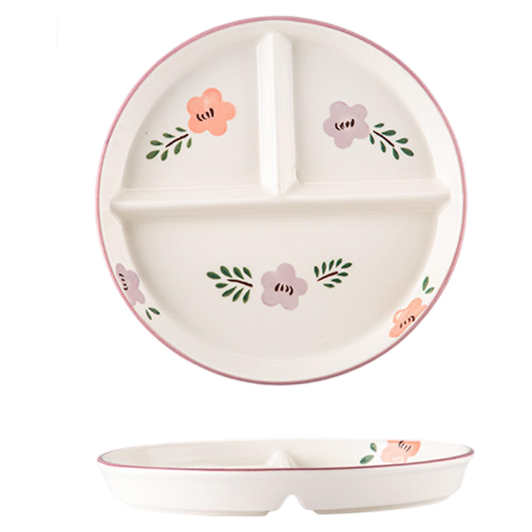 NASSMOSSE Divided Plates 8x1 Floral Pattern Round Ceramic 3 Compartment Plates for Kids & Adults for Portion Control at Home, School, Kindergarten