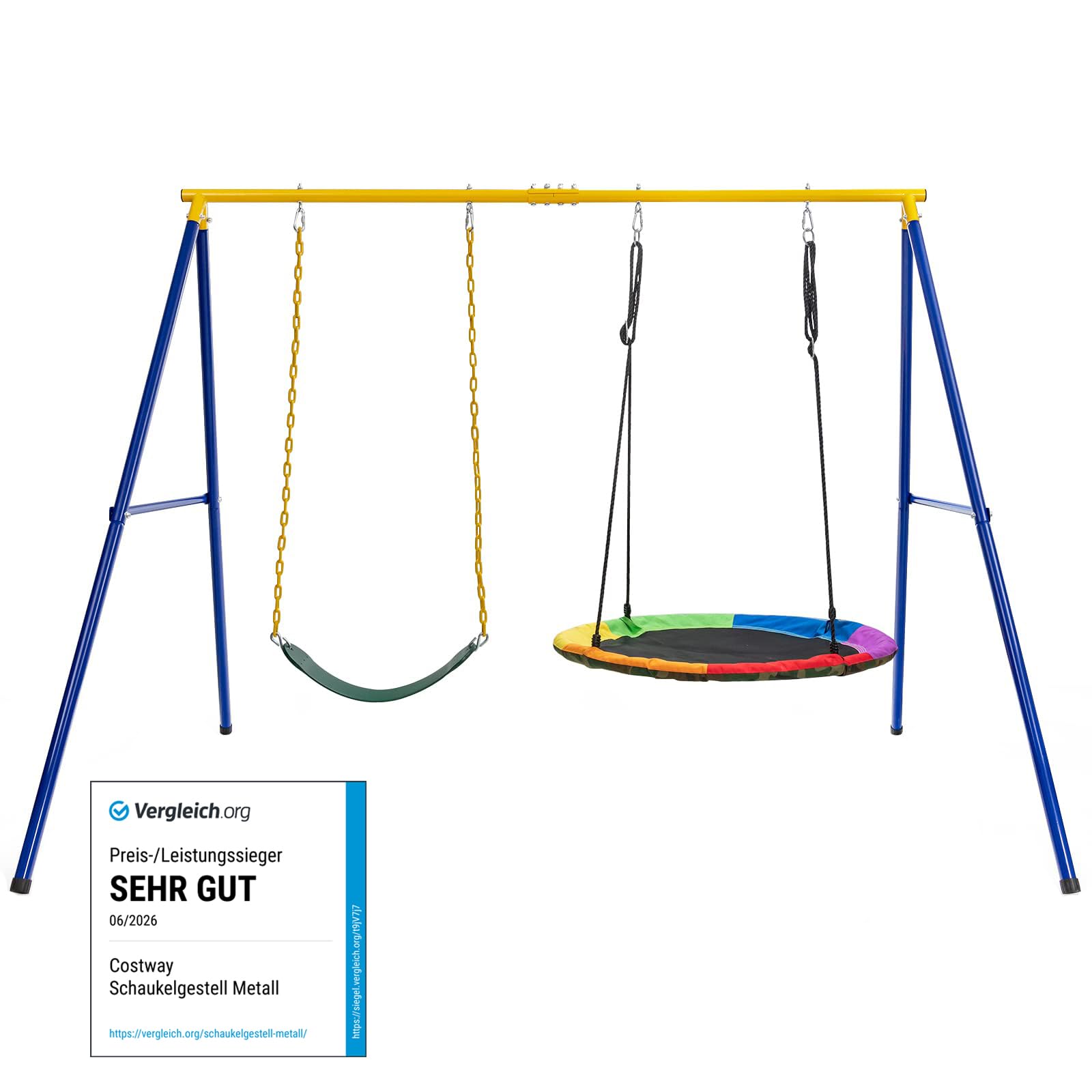 COSTWAY Set Altalena da Giardino per Bambini, Struttura di Metallo ad A con 1 Sedile in EVA Morbido e 1 Altalena Nido, Capacità 300 kg, Ideale per Giardino Parco Giochi (Giallo+Blu, Altalena+Supporto)