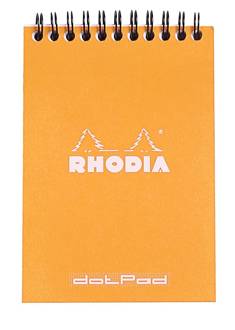 Rhodia 115009C - Bloque de encuadernación (espiral) negro, A7 (7,4 x 10,5 cm), 80 hojas desmontables, cuadros pequeños 5x5, papel Clairefontaine blanco 80 g/m2, color naranja A6 (10,5x14,8 cm)