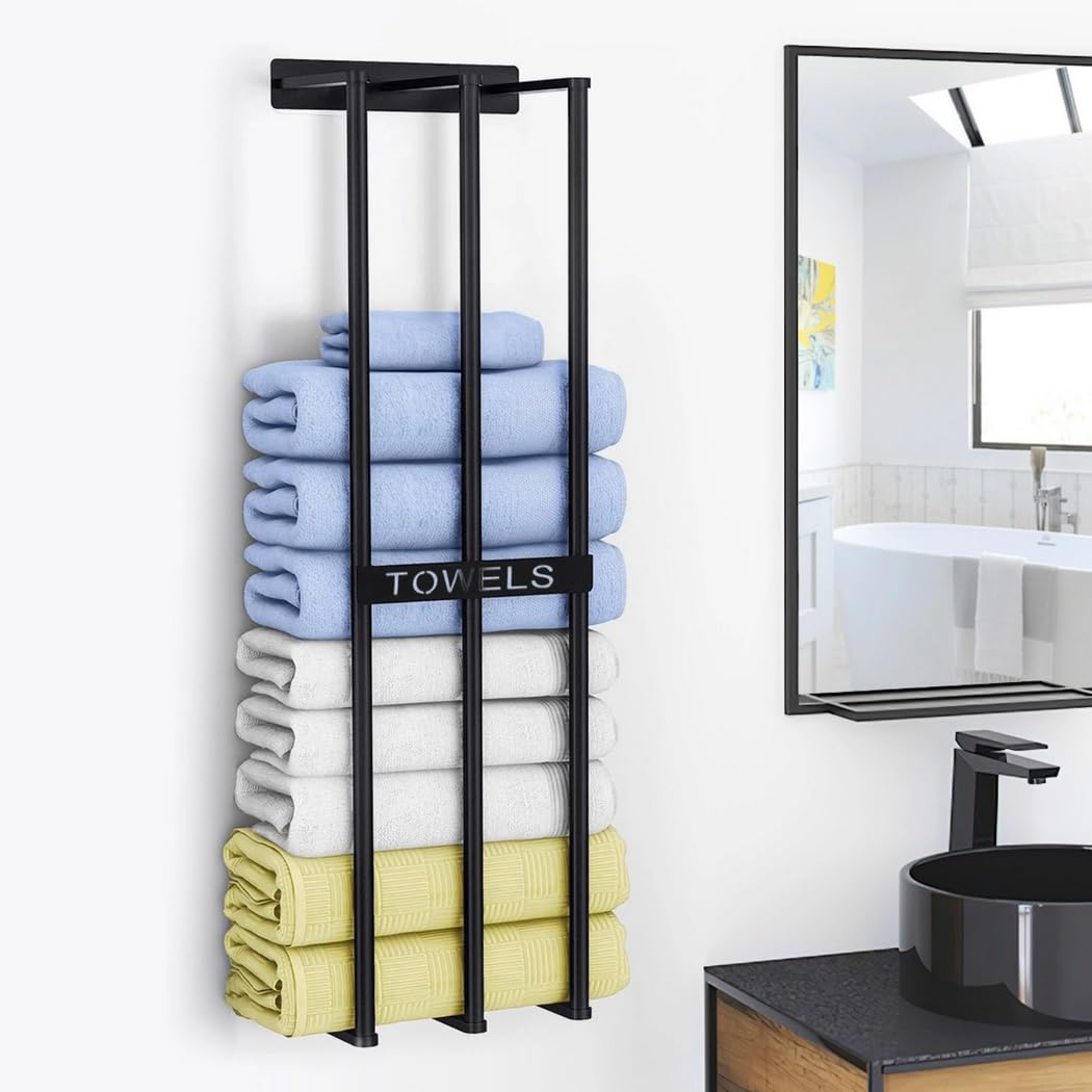 Metal Bathroom Towel Organizer, 3-Bar Rolled Towel Rack for Wall, 28 in Hanging Towel Shelf, Folded Bath Towel Storage, Holds Up to 6 Towels