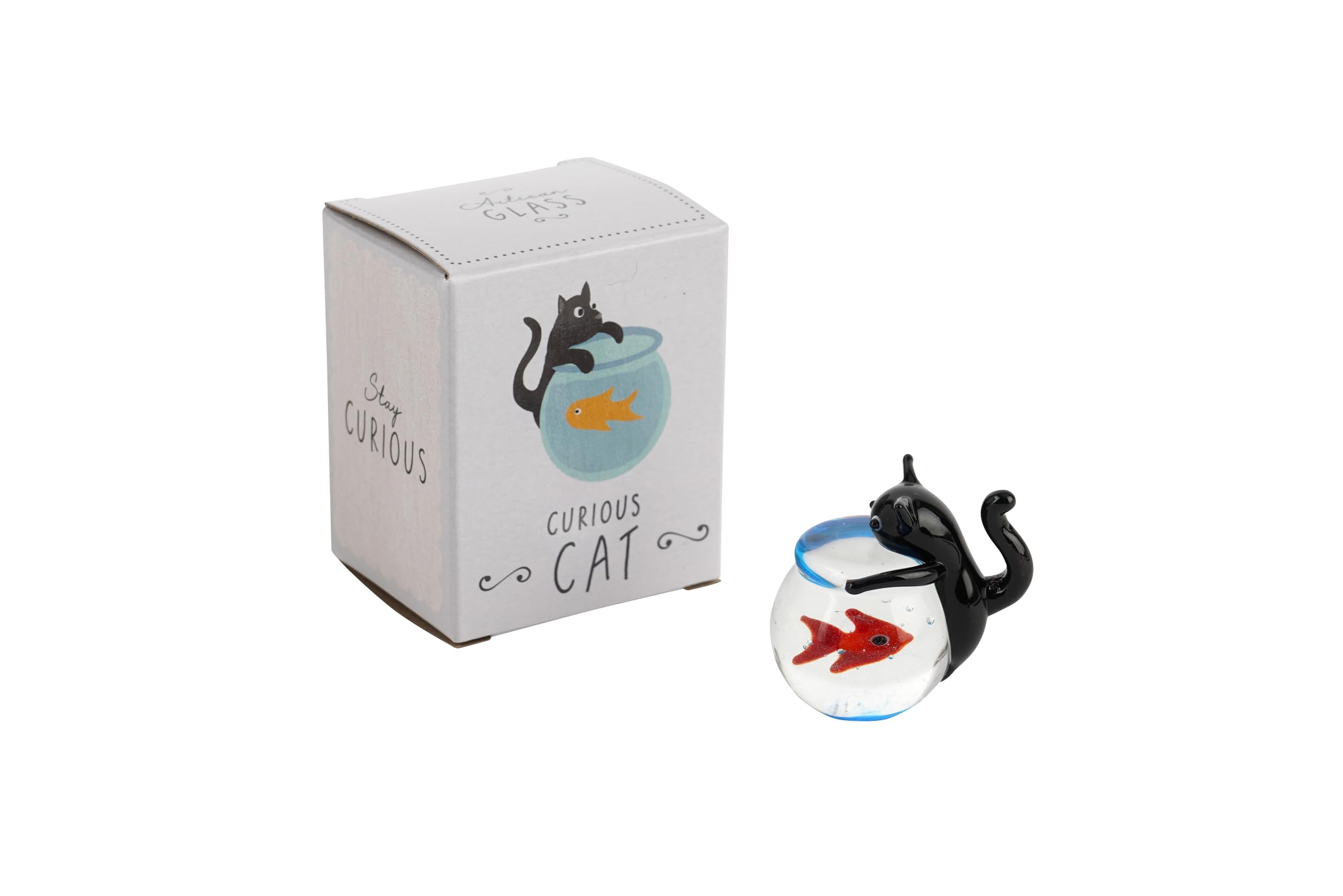 CGB Giftware | Artisan Glass Black Cat with Fish Bowl Figurine | Gift Boxed | Collectible | Glass Ornament | Duck | GB08202