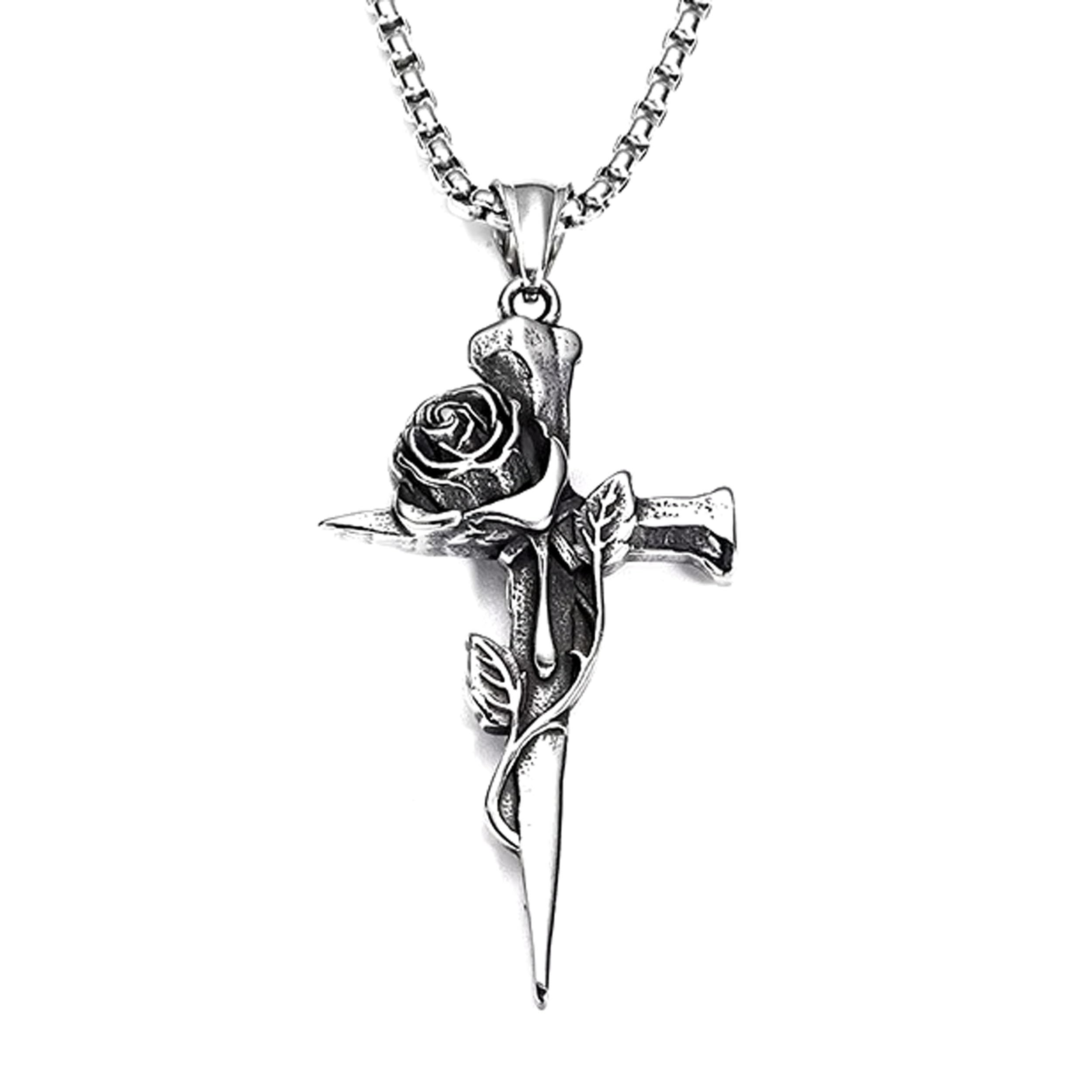 Vintage Cross Pendant Necklace for Men Women Rose Flower Necklace Stainless Steel Gothic Punk Jewelry SPnL202418-image-26