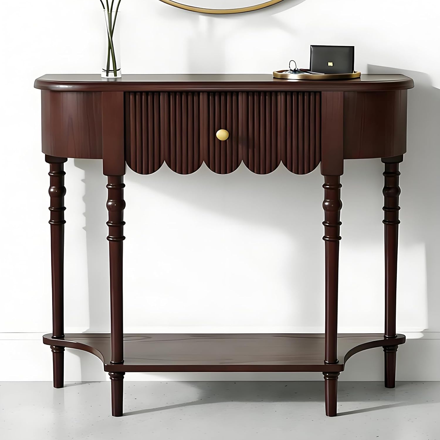 Solid Wood Console Table with Drawer, Narrow Entryway Table with Scalloped Front, Slim Accent Sofa Table for Living Room or Hallway Black 31.5" × 11.8" × 34.6"