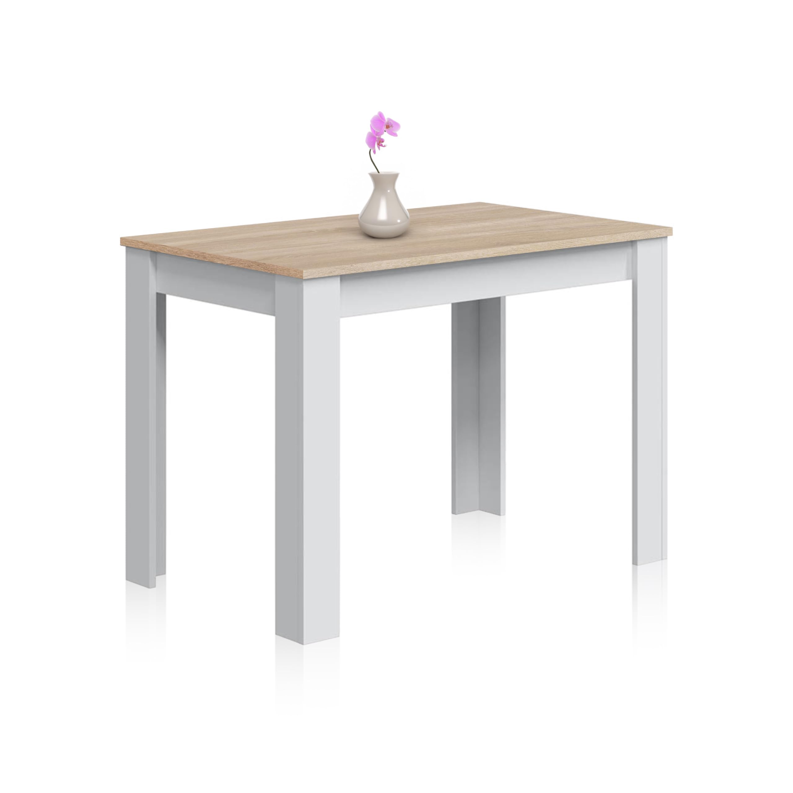 duehome | Mesa Auxiliar Fija, Mesa Comedor o Cocina, Acabado en Color Blanco Artik y Roble Canadian, Modelo Dina, Medidas: 109 cm (Ancho) x 67 cm (Fondo) x 78 cm (Alto)