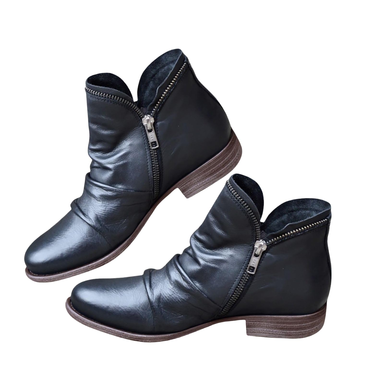 Ankle Boots for Women Vintage Faux Leather Chunky Low Heel Short Boots Classic Round Toe Side Zipper Booties