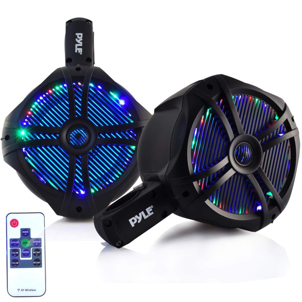 PyleWaterproof Marine Wakeboard Tower Speakers - 6.5Dual Subwoofer Speaker Set and 1.0Tweeters, LED Lights and 200 Watt Power - 2-Way Boat Audio System with Mounting Bracket - PLMRWB65LEB (Black)