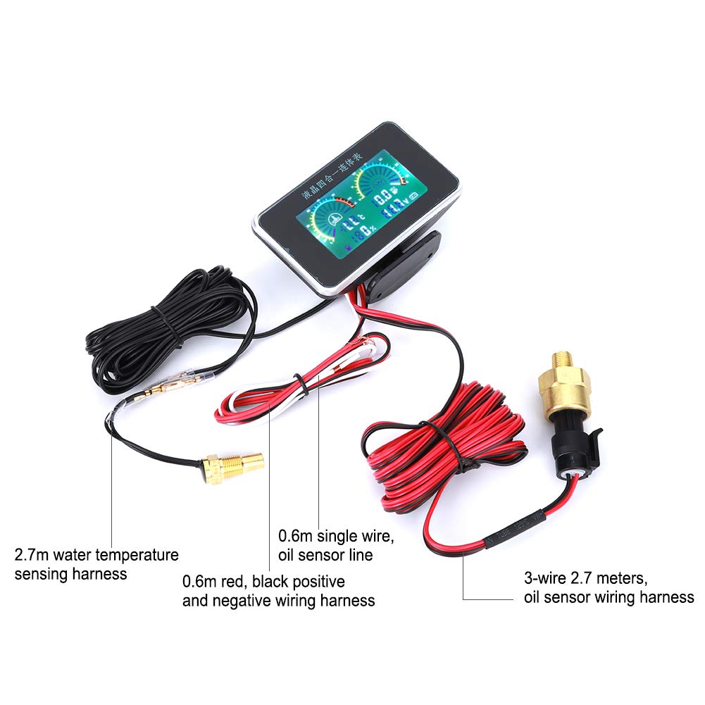 Misuratore di tensione digitale, misuratore di pressione per carburante e olio, CC da 9 V a 36 V 4 in 1 Display digitale LCD per auto Voltmetro Indicatore del carburante Misuratore di pressione dell'o