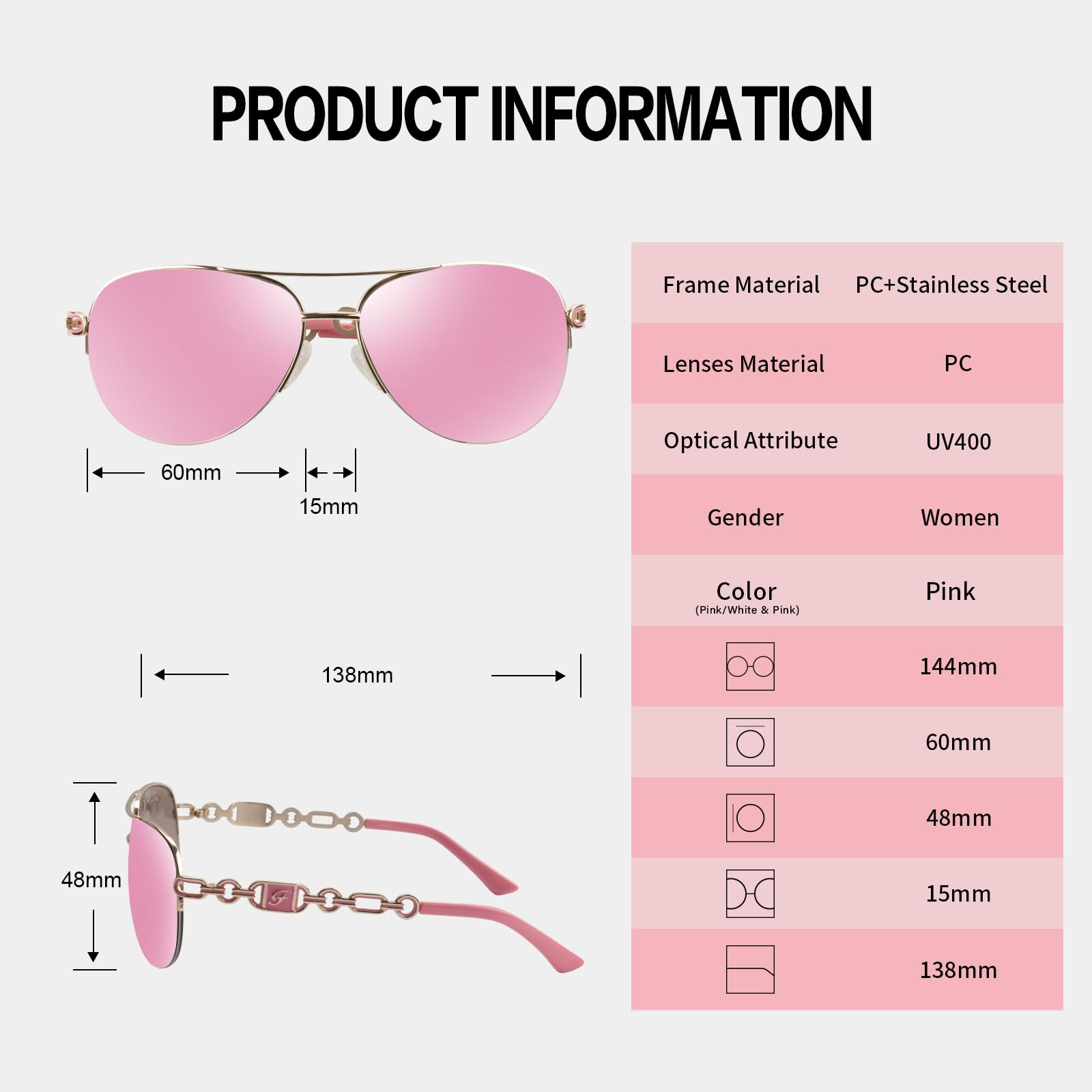FONHCOO - anteojos de sol de aviador para mujeres y hombres, marco de metal UV400 con espejo