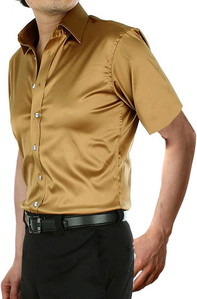 Amazon.com: Camisa de satén de seda dorada brillante para hombre, manga  corta, esmoquin para discoteca, discoteca social : Ropa, Zapatos y Joyería