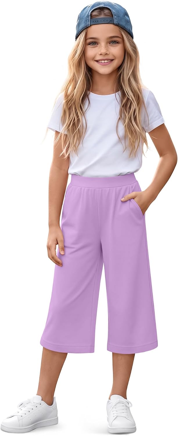 Girls' Capri Pants Wide Leg Casual Capris Sweatpants Loose Summer Kids Elastic Waist Cropped Trousers with Pockets(Purple,13-14 Years)