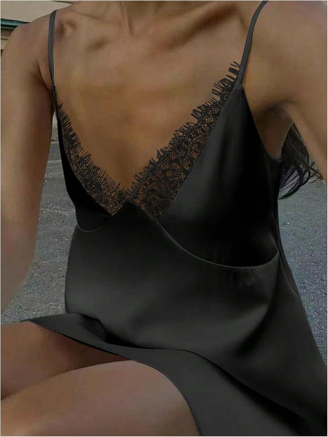 GORGLITTER Women's Lace V Neck Satin Dress Spaghetti Strap Tie Backless Sexy Wedding Guest Party Mini Dresses