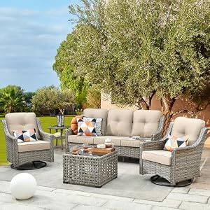 Patio Furniture,All Weather Wicker 5 PCS Outdoor Sofa with High Back Swivel Rocker Chairs,Conversation Set with Solar Powered Coffee Table,Grey Rattan Beige Cushion Patio FurnitureAll Weather Wicker 5 PCS Outdoor Sofa with High Back Swivel Rocker ChairsConversation Set with Solar Powered Coffee TableGrey Rattan Beige Cushion