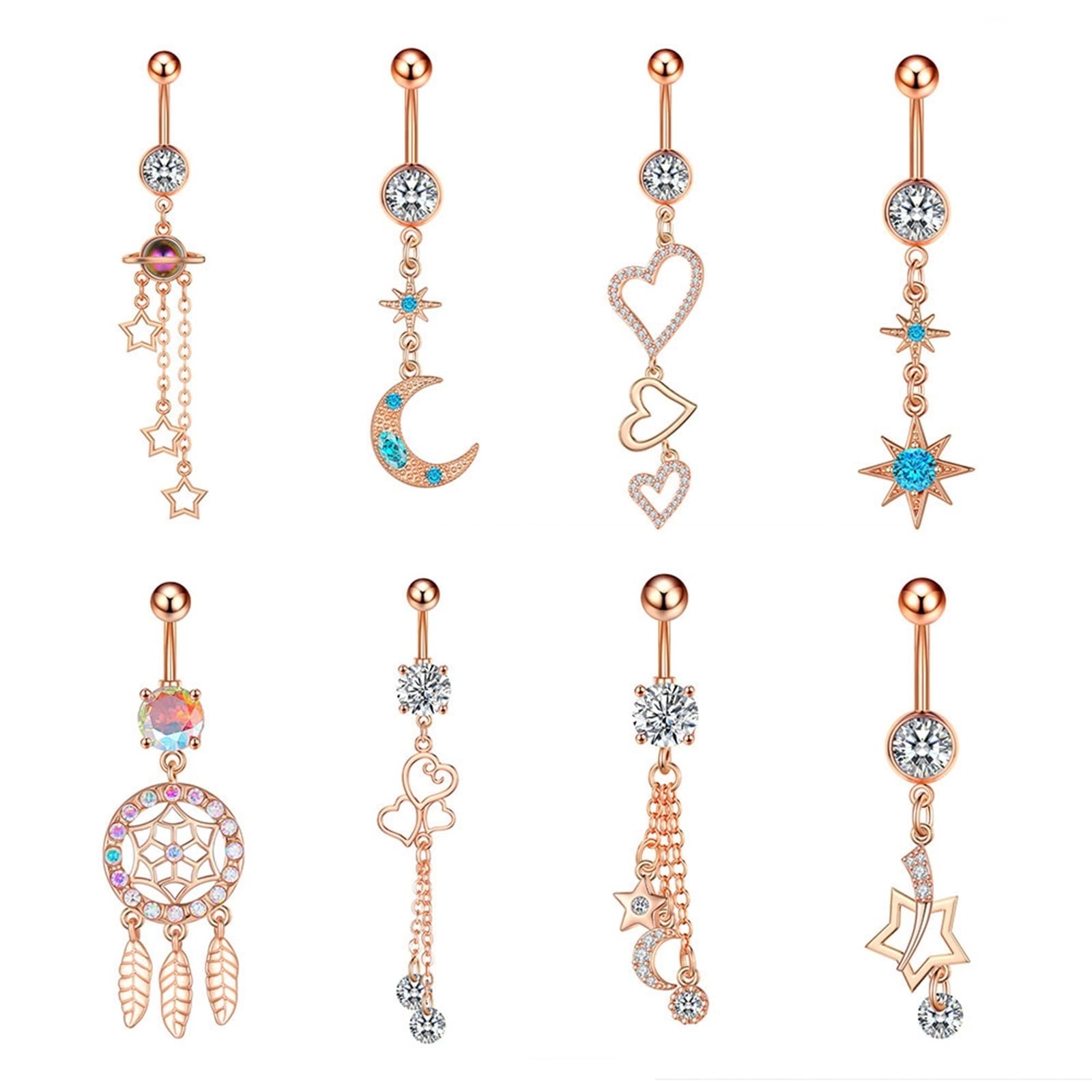 Bauchnabelpiercings, Bauchnabelpiercing Set Kupfer 8 Stück 14G Bauchnabelpiercing Damen Stern Mond Sonne Design Muttertag