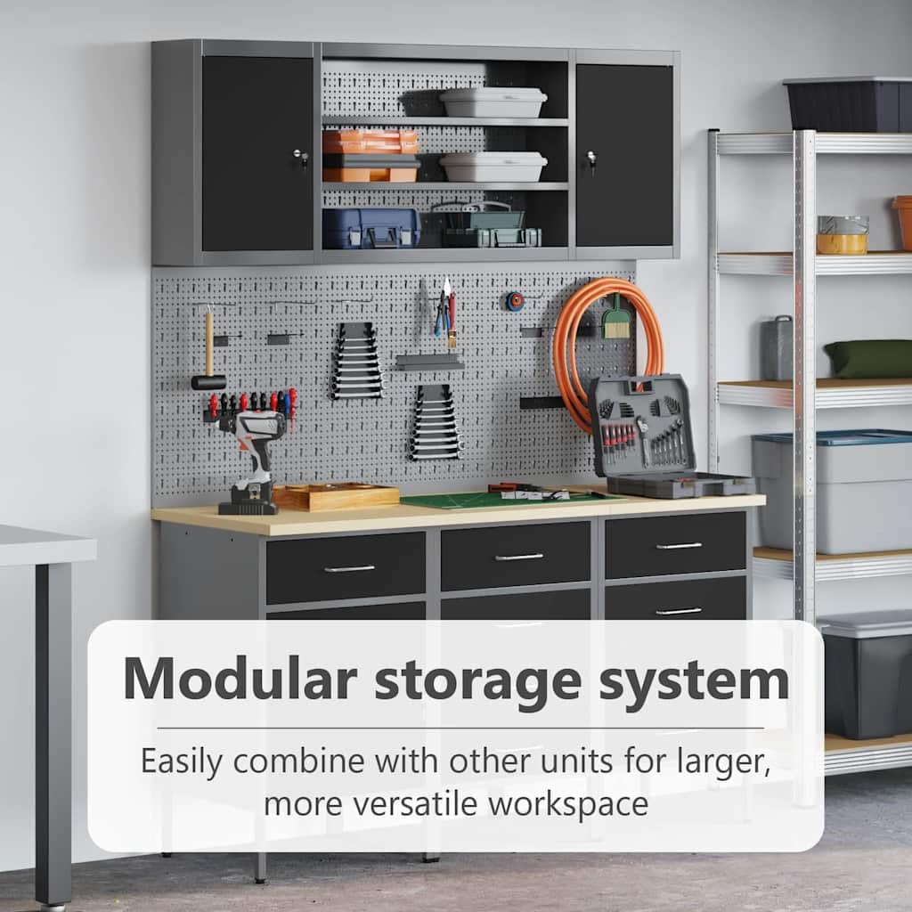 vidaXL Werkbank mit Speicher 2 STK. Schwarz und Grau 100 x 55 x 85 cm | Bietet viel Platz zur Organisation von Gegenständen, Hält deine Inhalte sicher, Konstruktion aus Stahl und Holzwerkstoff