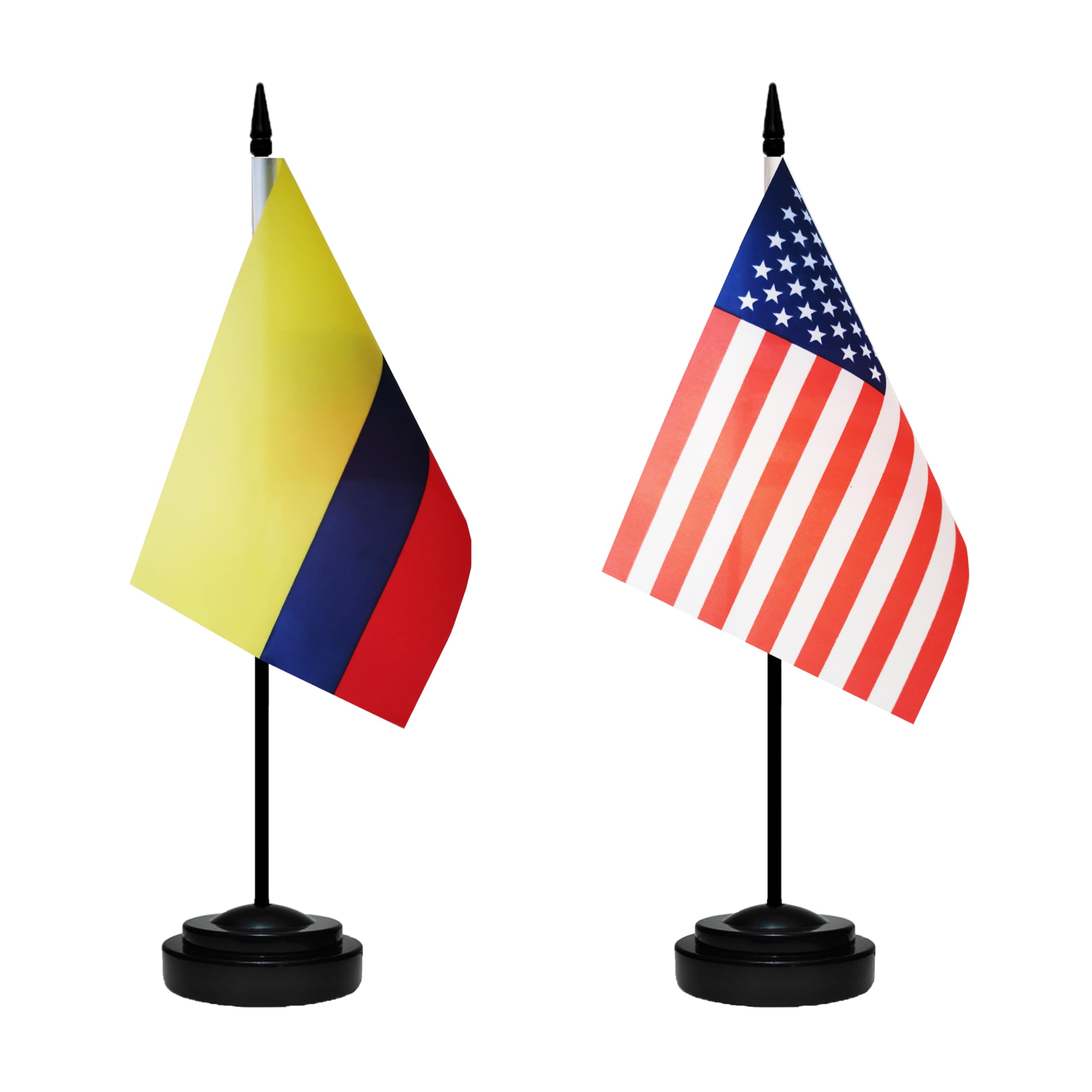 USA American & Colombia Colombian Desk Flags, US Colombia Table Flag, Small Mini American & Colombian Twin Table Office Flag, Miniature Colombian and US Desktop Flag With 13" Solid Black Pole, Black