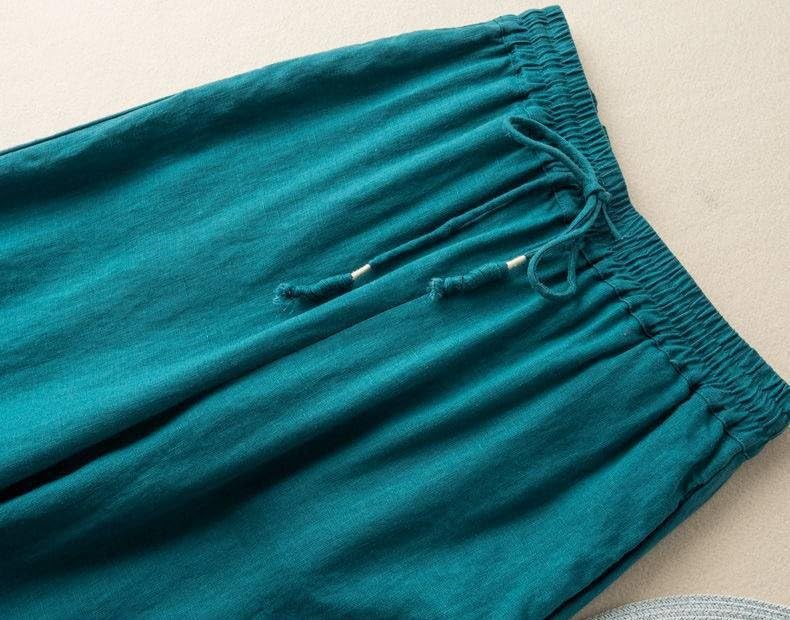 TIAFORD Women’s Cotton Linen Ethnic Embroidered Hem Wide Leg Pants Drawstring High Waist Casual Loose Trousers with Pockets4