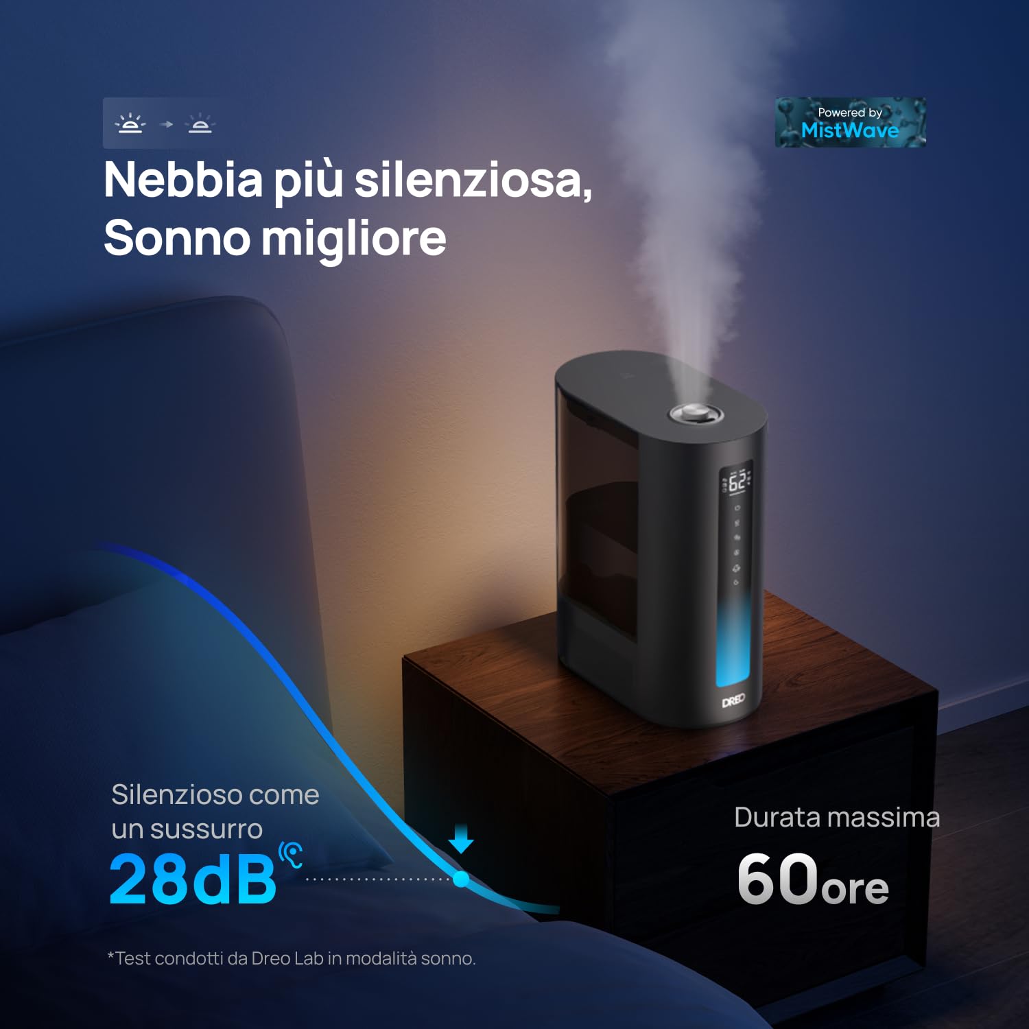 DREO 6L umidificatore per camera da letto, intelligente per grandi ambienti, bruma calda/fredda, per piante e bambini, riempimento superiore, 60 ore autonomia, silenzioso, timer, Google/Alexa, HM713S