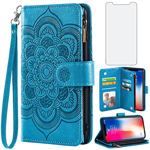 Coque iPhone XS et X portefeuille en cuir bleu mandala
