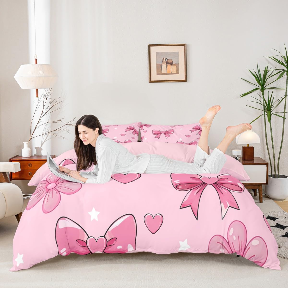 Homemissing Pink Bow Tie Duvet Cover Set Boys Girls Pink Bow Bedding Set Single Size Breathable Soft Flower Star Print Duvet Cover with 1 Pillowcase Love Heart Bowknot Bedding - Image 2