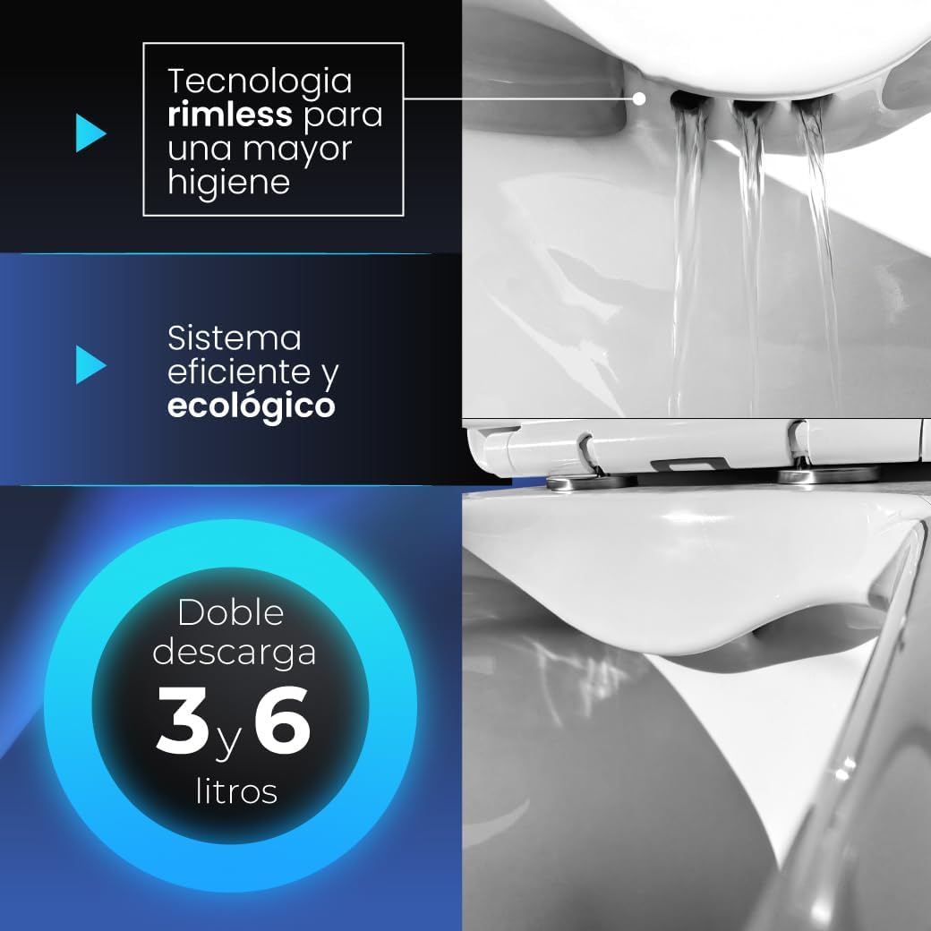 Inodoro Adaptado para Personas con Movilidad Reducida - WC con Sistema Rimless Antibacterias - Váter Ergonómico con Tapa UF Amortiguada y Altura Accesible - Salida Dual Eficiente